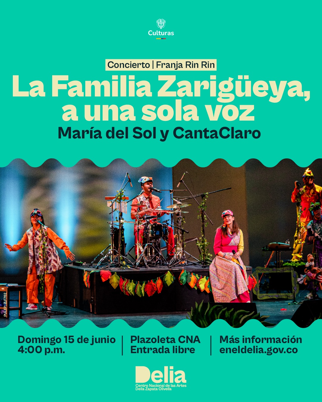 Canta Claro y Maria del Sol Peralta presentan María del Sol, junto a su agrupación de música para niñas y niños CantaClaro, presenta en la Plazoleta CNA La familia Zarigüeya, a una sola voz una puesta en escena que invita a cantar, bailar y compartir en familia a través de una historia que explora los diversos roles dentro del hogar.