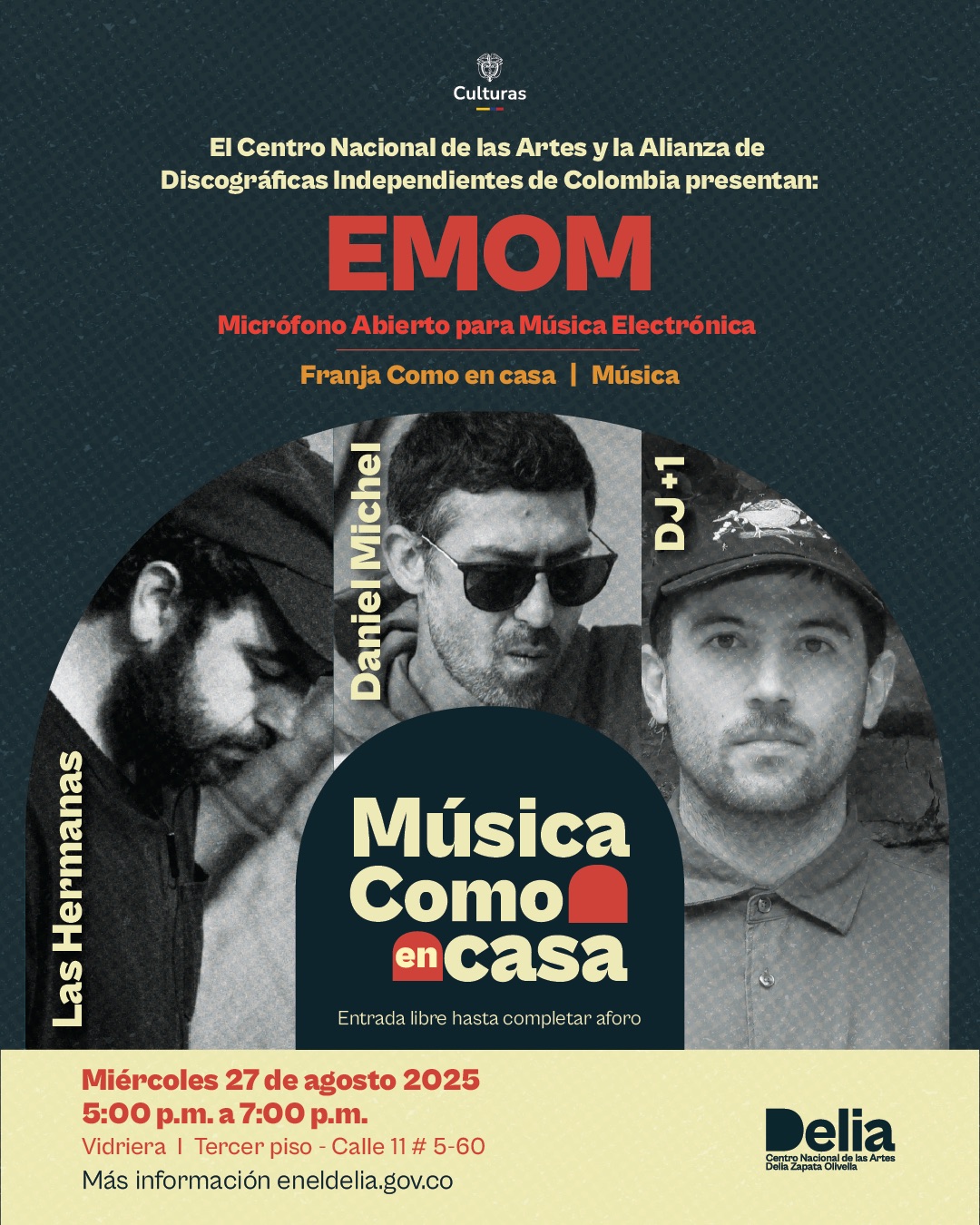 El próximo miércoles 27 de agosto, de 5:00 p.m. a 7:00 p.m., el Centro Nacional de las Artes Delia Zapata Olivella (CNA) abre la Vidriera del tercer piso para presentar la primera edición de EMOM – Micrófono abierto para música electrónica, en alianza con la Alianza de Discográficas Independientes de Colombia, como parte de la franja Como en Casa.