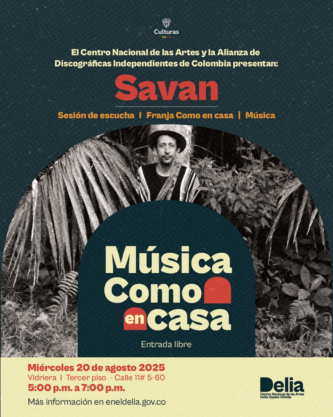 Con la música como punto de partida, el Centro Nacional de las Artes abre la franja “Como en Casa”, un nuevo espacio que invita a habitar nuestros escenarios de manera íntima, cercana y recurrente. En alianza con la Alianza de Discográficas Independientes de Colombia, esta primera cita será una sesión de escucha con Savan, músico, investigador y productor que ha construido un camino sonoro marcado por la exploración de raíces afrodescendientes y la experimentación contemporánea.