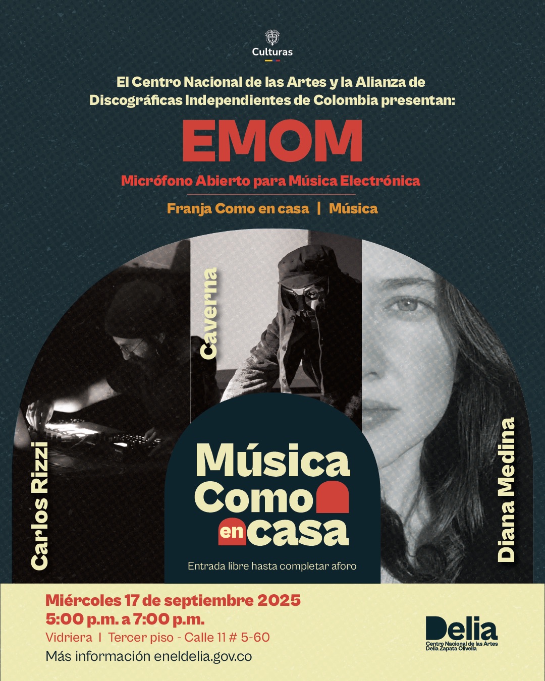 El Micrófono Abierto de Música Electrónica (EMOM) regresa al Centro Nacional de las Artes el miércoles 17 de septiembre, de 5:00 a 7:00 p.m. en la Vidriera, tercer piso, con entrada libre, como parte de la Franja Como en casa.