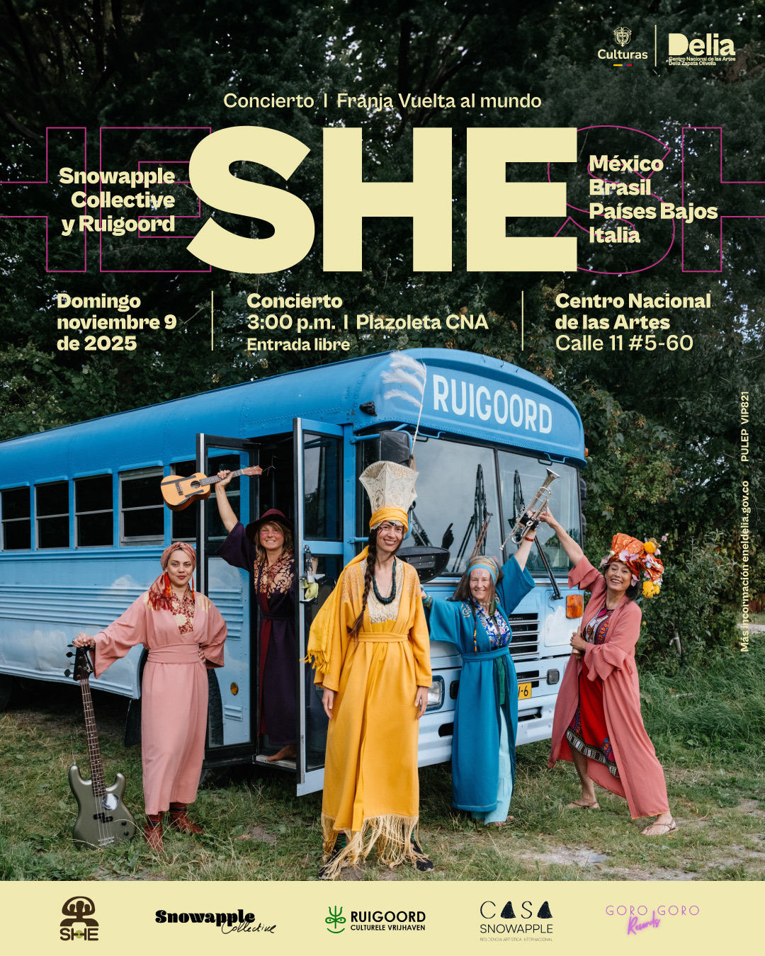 'She' es un proyecto internacional impulsado por Snowapple Collective y Ruigoord, creado en 2023 con el propósito de unir el arte con el activismo y la conciencia ambiental. Este proyecto conecta la lucha de activistas con la alegría y energía de la música y la danza. De manera festiva e inspiradora, interpretan canciones, bailes y narraciones que abordan la realidad actual y futuros posibles.