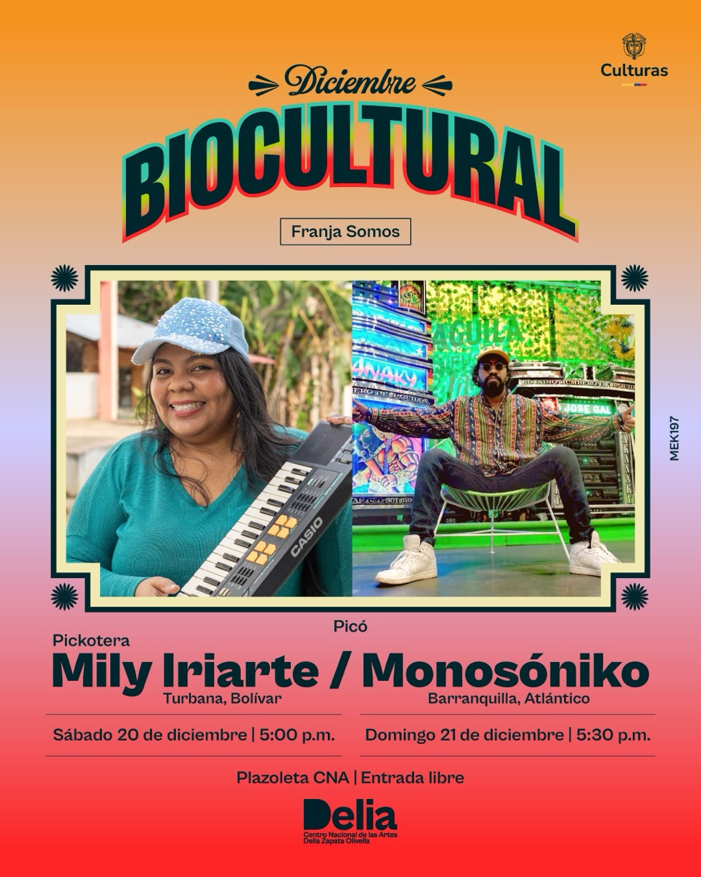 Dos representantes de la cultura picotera prenderán la fiesta en la plazoleta del Centro Nacional de las Artes. Salvaguardas de la música de la afrodiáspora del Caribe y procedentes de la costa llegarán al corazón de Bogotá. Pickotera Mily Iriarte, quien vive esta escena desde una propuesta feminista, creativa y transformadora. Monosóniko, una de las figuras del picó más reconocidas.
