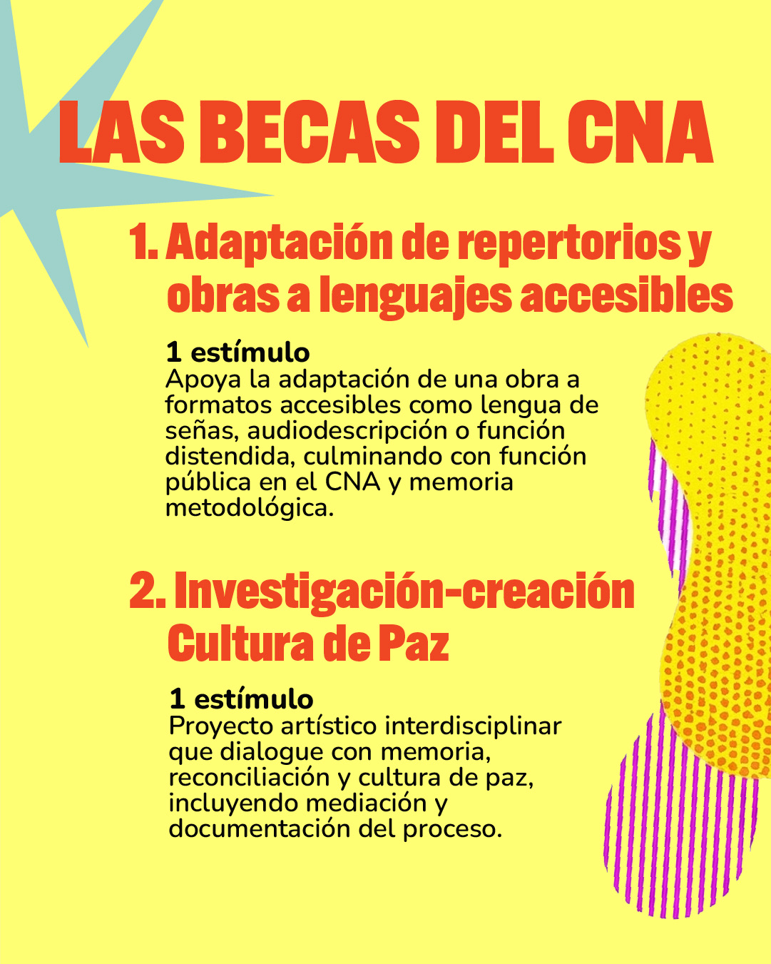 Dentro del SINAC se encuentra el Portafolio para la Dinamización de los Espacios Culturales, una oferta integrada de estímulos (becas, residencias y pasantías) orientada a fortalecer la programación, la mediación y la activación cultural de espacios en todo el país. 3