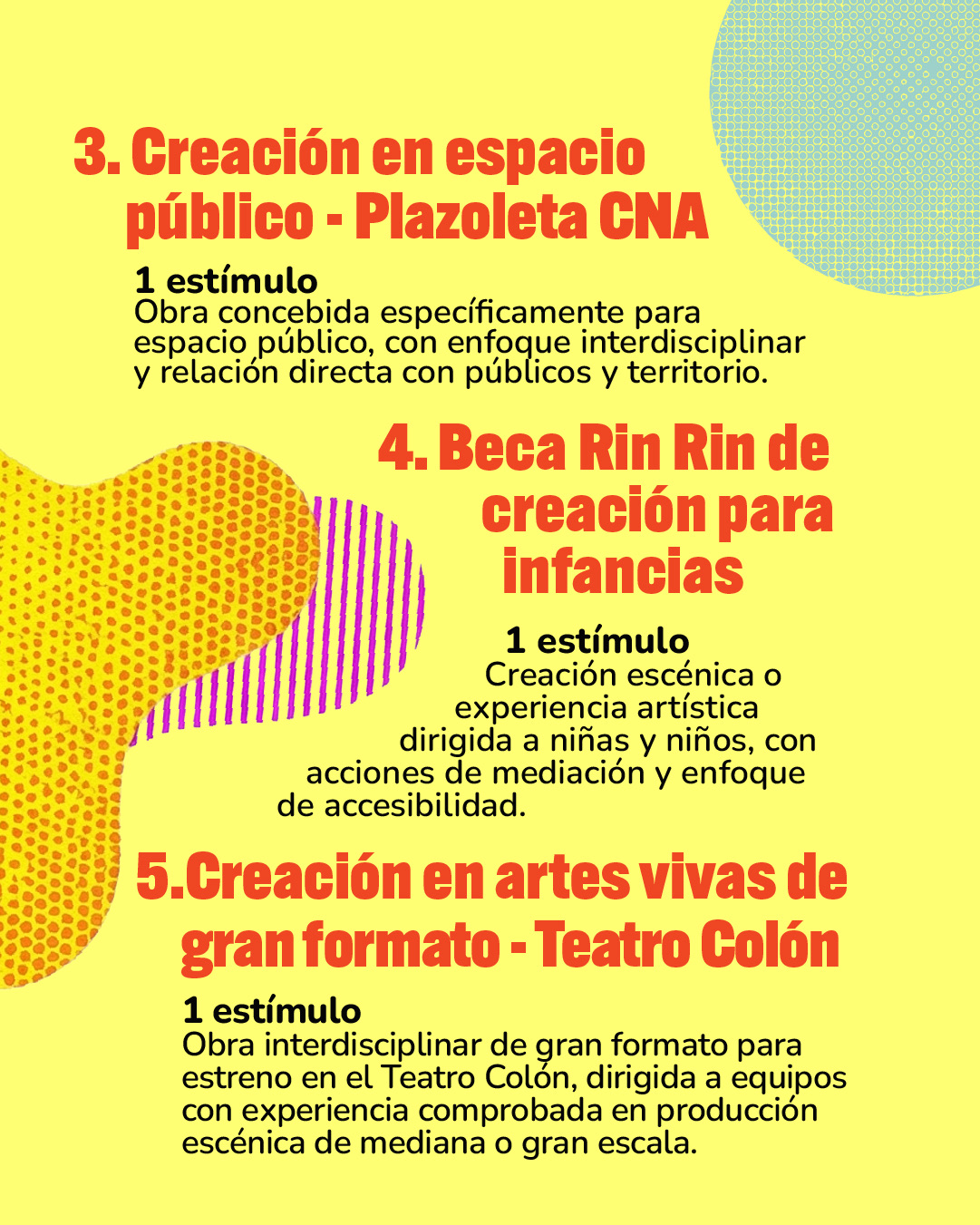 Dentro del SINAC se encuentra el Portafolio para la Dinamización de los Espacios Culturales, una oferta integrada de estímulos (becas, residencias y pasantías) orientada a fortalecer la programación, la mediación y la activación cultural de espacios en todo el país. 4