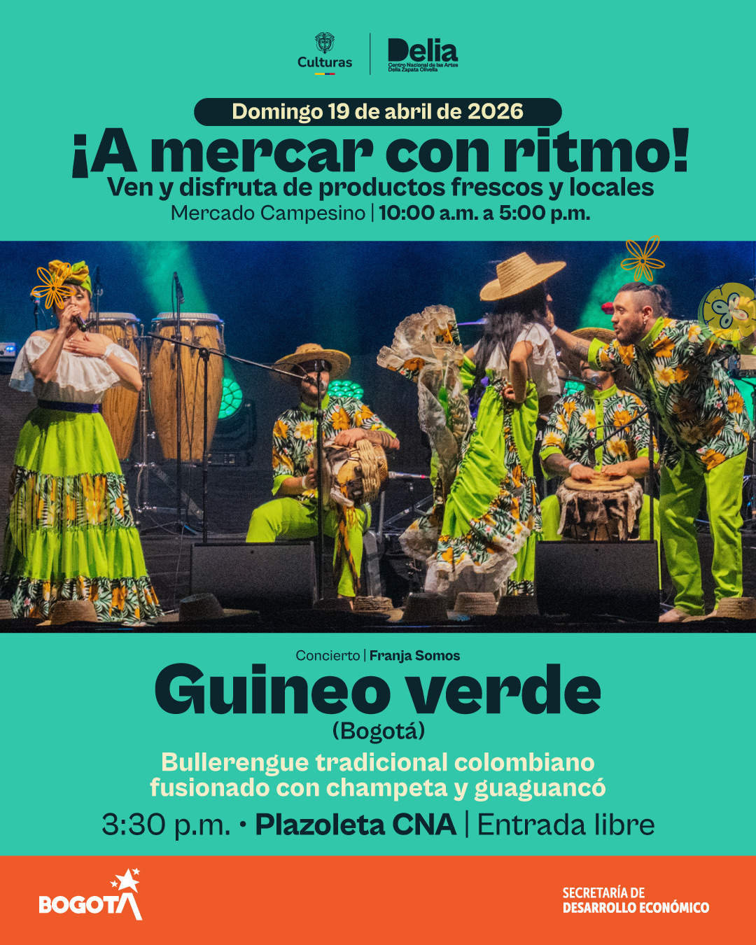 Proyecto escénico-musical que toma como base el bullerengue tradicional colombiano y lo fusiona con ritmos como la champeta y el guaguancó, incorporando sonoridades contemporáneas como el bajo eléctrico. Esta propuesta, creada desde la mirada de jóvenes bogotanos, construye un diálogo entre lo tradicional y lo urbano, renovando las raíces del bullerengue desde el cuerpo, la escena y la creación musical.
