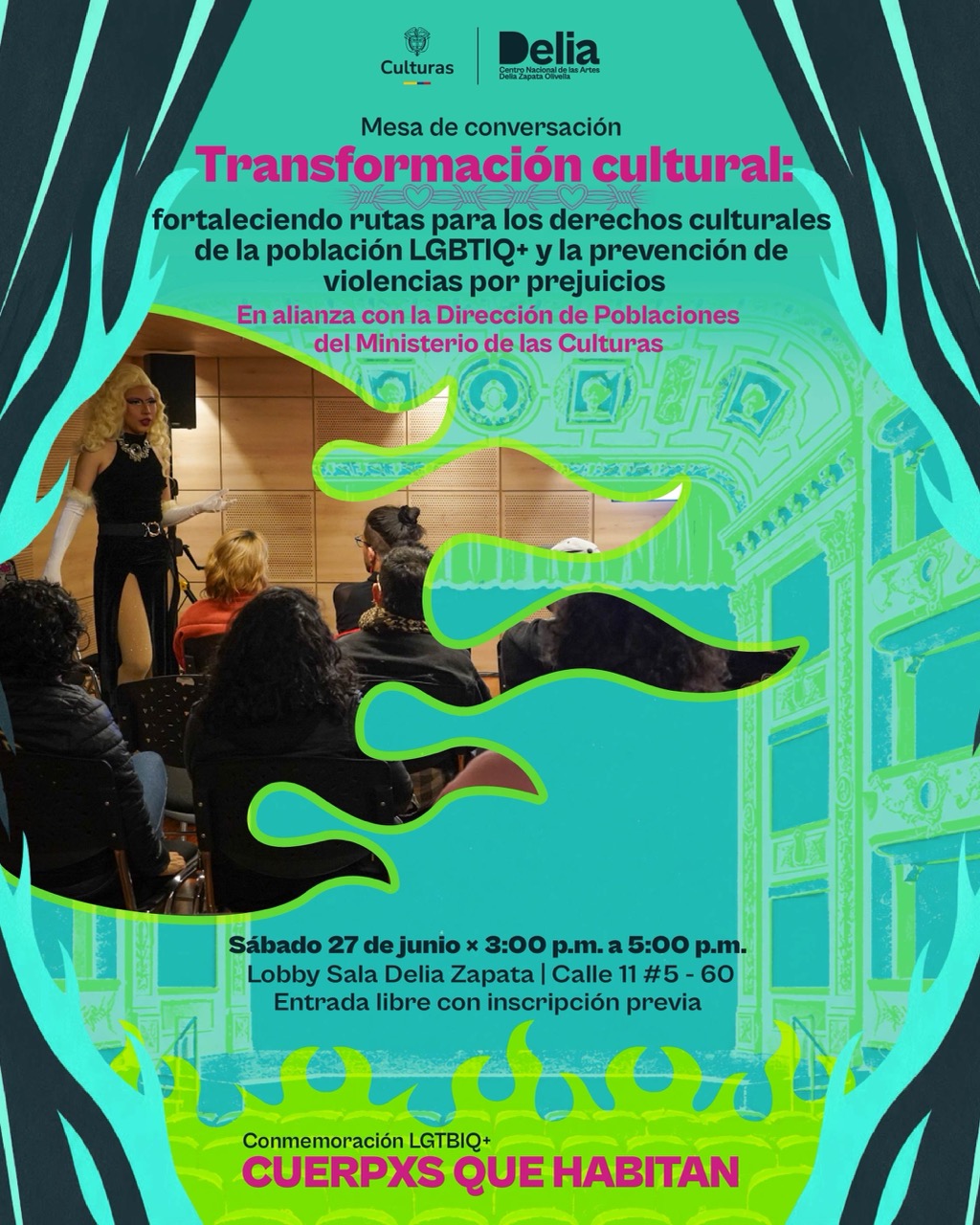 Como parte de la Conmemoración LGBTIQ+ y en alianza con la Dirección de Poblaciones del Ministerio de las Culturas, el sábado 26 de junio se realizará la mesa de conversación Transformación Cultural: fortaleciendo rutas para los derechos culturales de la población LGBTIQ+ y la prevención de violencias por prejuicios.