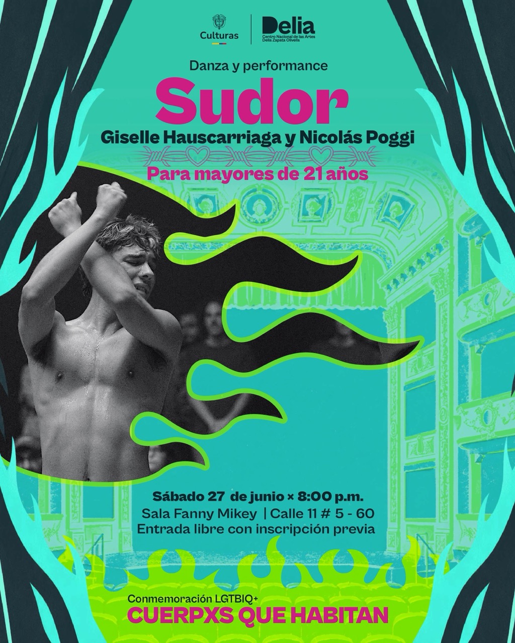 SUDOR, dirigida por Nicolas Poggi, es una experiencia post performática, un afterparty que explora un climax euórico y que a través del diseño escénico a cargo de Giselle Hauscarriaga, sitúa al público en el rol de vouyerista.
