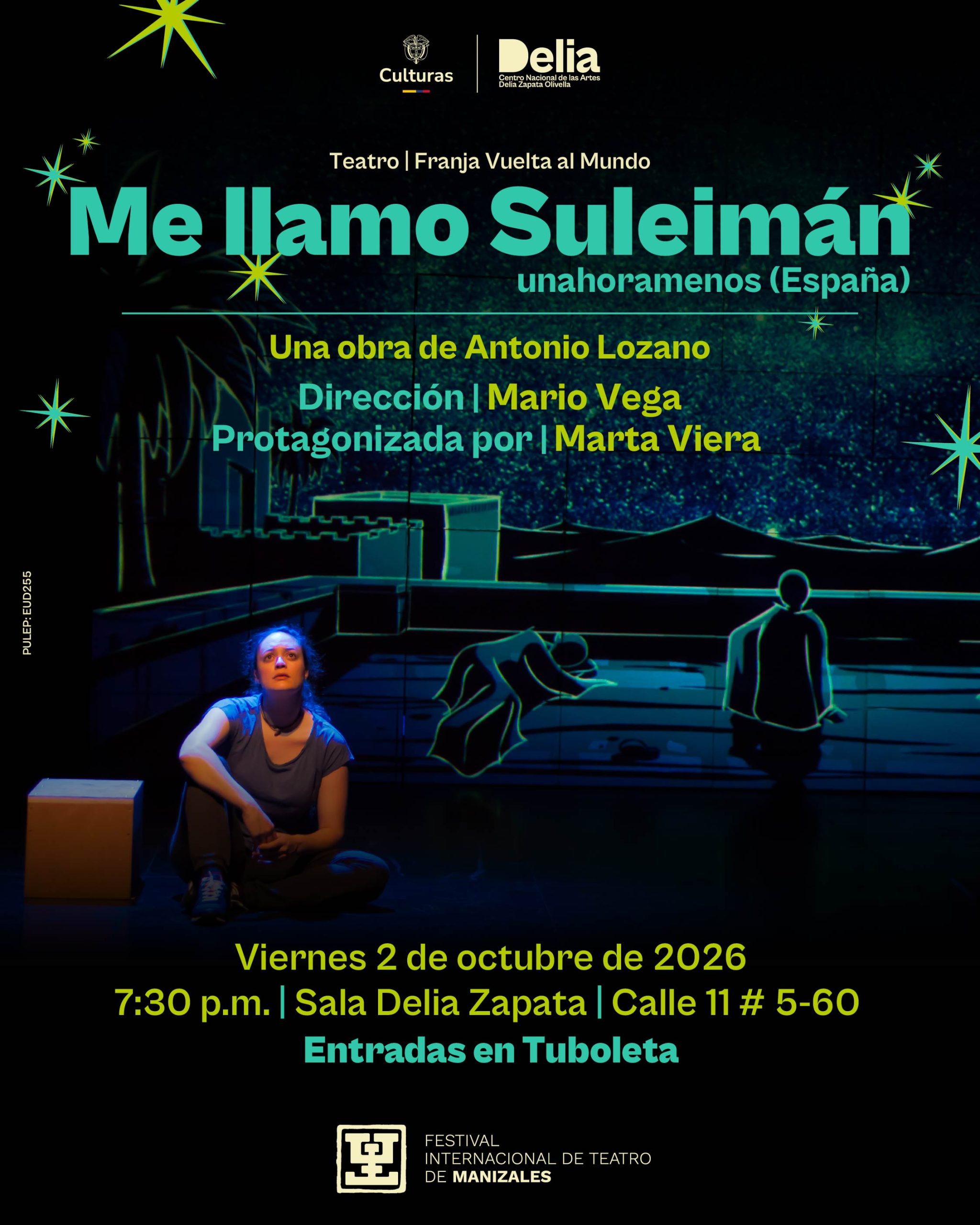 Me llamo Suleimán es una adaptación teatral de la novela homónima de Antonio Lozano que narra el viaje de un niño maliense que, impulsado por la pobreza y el deseo de construir un futuro mejor para su familia, emprende junto a su amigo Musa un difícil camino hacia Europa.