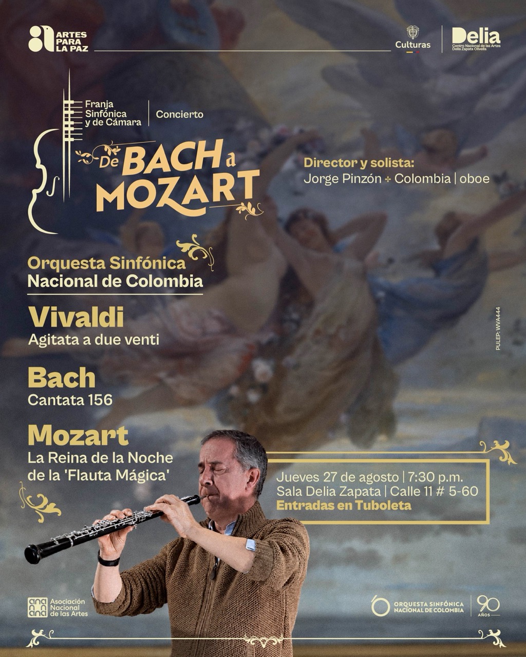 Bajo la dirección del oboísta colombiano Jorge Pinzón, este programa cruza el barroco y el clasicismo con una generosidad tímbrica inusual. El Concierto para dos cornos de Telemann, con Erwin Rubio y Óscar Álvarez como solistas, abre paso al Concierto para oboe de Cimarosa y a un Concierto hecho a tres partes del propio Pinzón.
