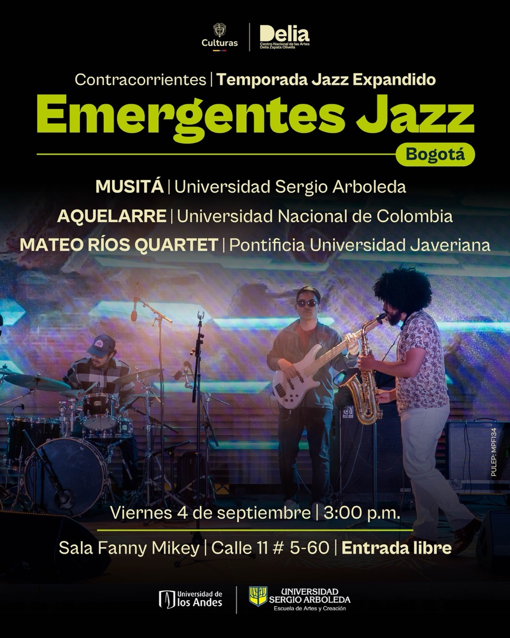 Emergentes Jazz Bogotá es un festival único en su tipo, creado para reconocer, circular, compartir y divulgar el trabajo creativo y académico de las agrupaciones de jazz que surgen en las instituciones de educación musical de Bogotá y otras regiones del país.